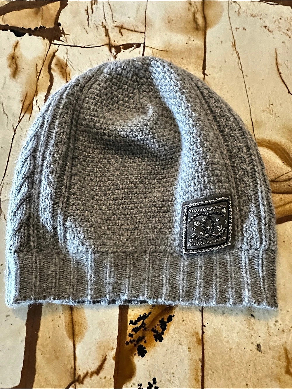 Chanel Cashmere CC Logo Embellished Beanie Gray